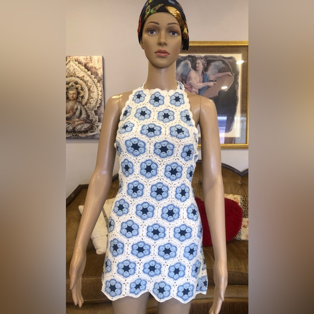 Show Me Your MuMu Blue and White Crochet Halter Mini Dress